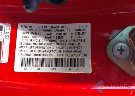 2015 Honda Civic Ex from USA, damaged, VIN 2HGFG3B84FH507192